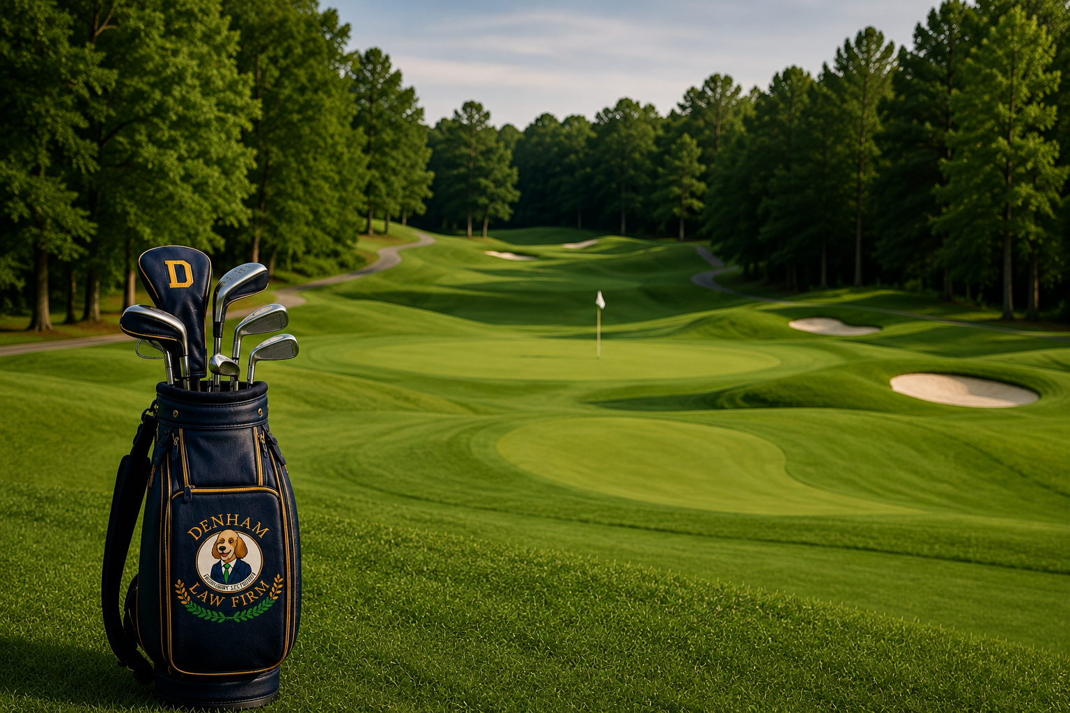 Golf course fairway with sponsor bag